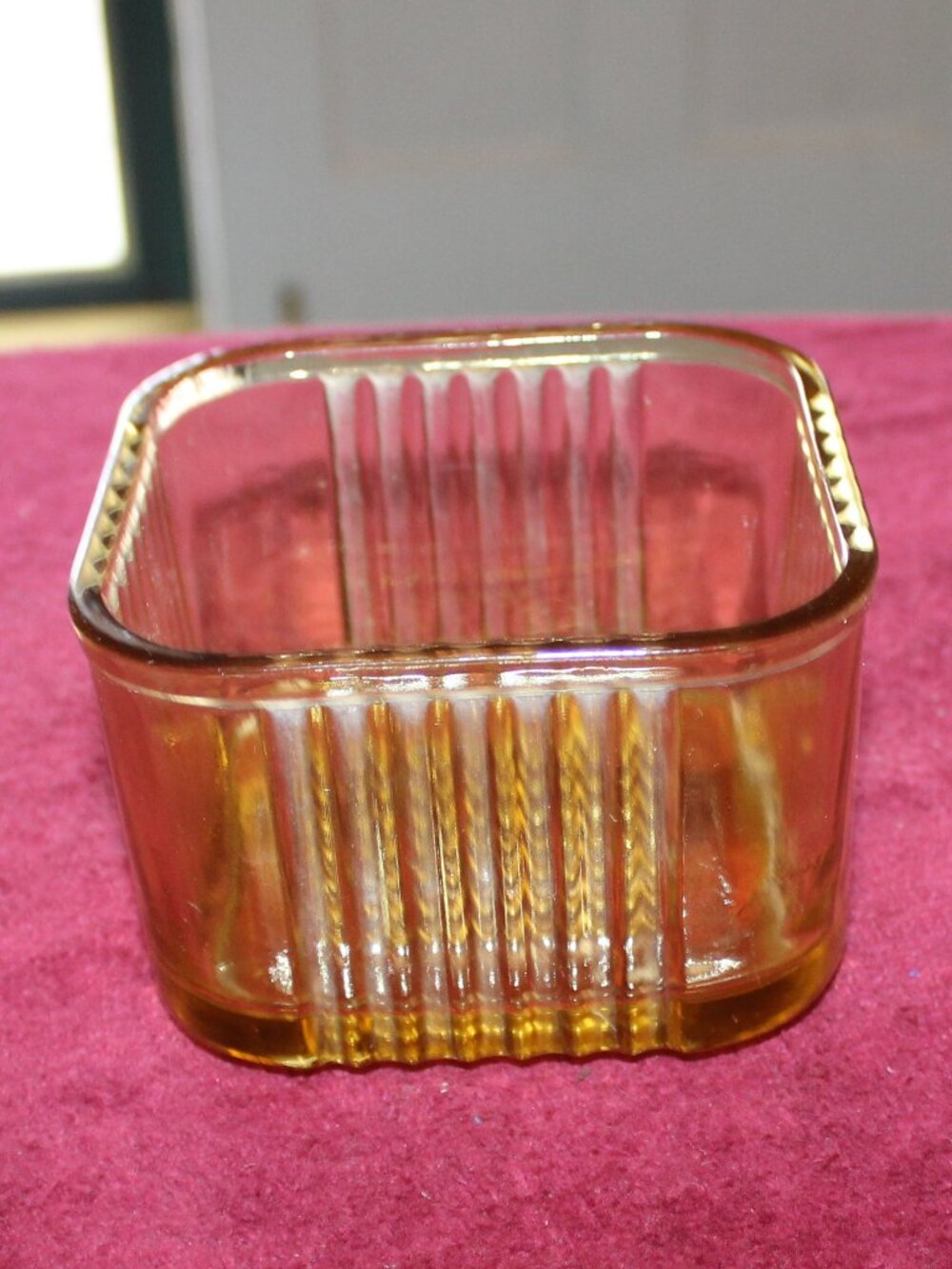Federal Glass Amber Ribbed Refrigerator Dish, 4 inch square